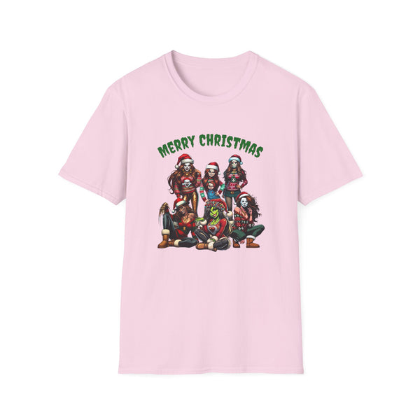 Print-On-Demand pastel pink t-shirt featuring a ‘Merry Christmas’ design with iconic characters in festive sweaters, Santa hats, and playful poses. A fun and quirky option for holiday apparel with a bold and edgy twist.”