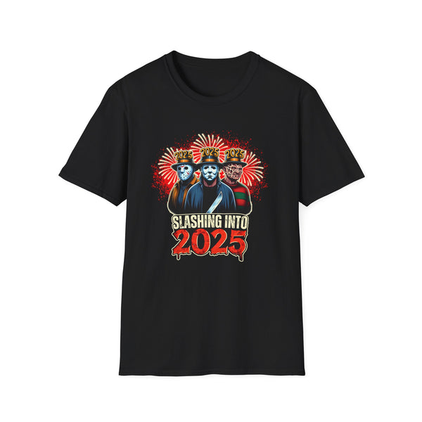 Print-On-Demand black t-shirt featuring a horror-themed design with iconic slasher characters against a backdrop of fireworks. The text reads ‘Slashing Into 2025’ in bold, dripping font, celebrating the New Year with a spooky twist. Perfect for fans of horror and festive apparel.