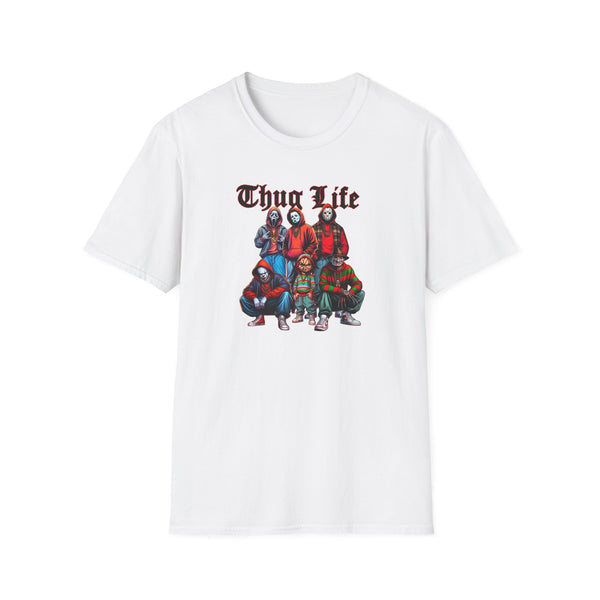 Print-On-Demand white t-shirt featuring a ‘Thug Life’ design with iconic characters dressed in urban streetwear, bold poses, and gothic-style text. A stylish and edgy choice for fans of alternative and street fashion.