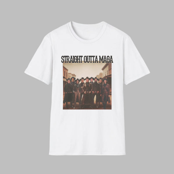 Print-On-Demand white t-shirt featuring a vintage western-themed design with a group of cowboys and cowgirls in a rustic town setting. The bold text ‘Straight Outta MAGA’ is displayed above the image, combining nostalgia with a modern twist. Perfect for novelty apparel.