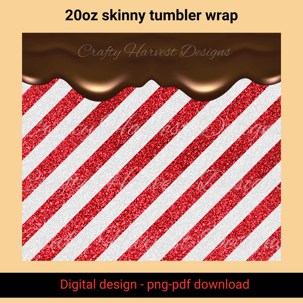 20oz skinny tumbler wrap featuring a festive red and white glitter diagonal stripe pattern with a dripping chocolate effect along the top edge, perfect for holiday-themed designs.