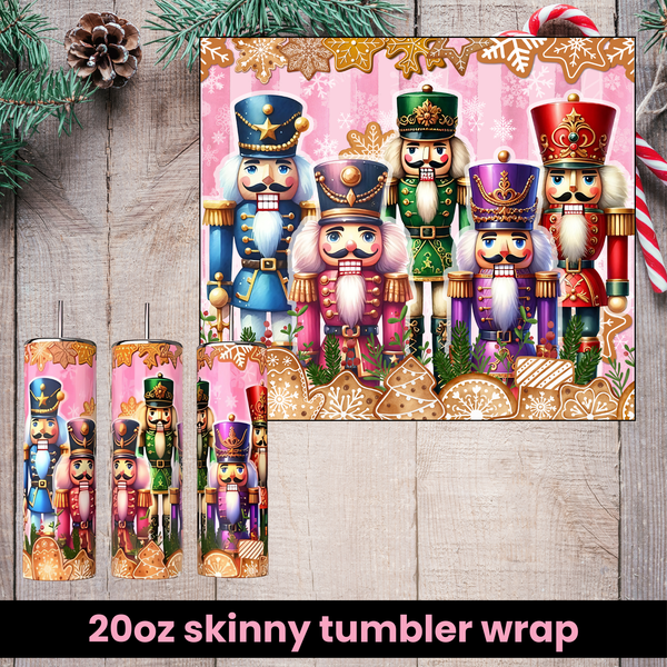 20oz skinny tumbler wrap featuring a festive lineup of colorful nutcrackers set against a pink background, adorned with gingerbread cookies, snowflakes, and gold accents. Perfect for holiday crafting and gifts.