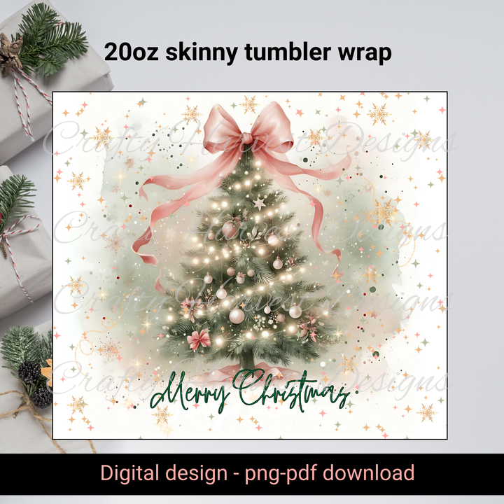 20oz skinny tumbler wrap featuring a beautifully decorated Christmas tree with glowing ornaments, soft pink ribbon accents, and the phrase ‘Merry Christmas’ in elegant green script. The design is set against a snowy, festive background with golden stars and sparkles, perfect for holiday crafting and gift-giving.