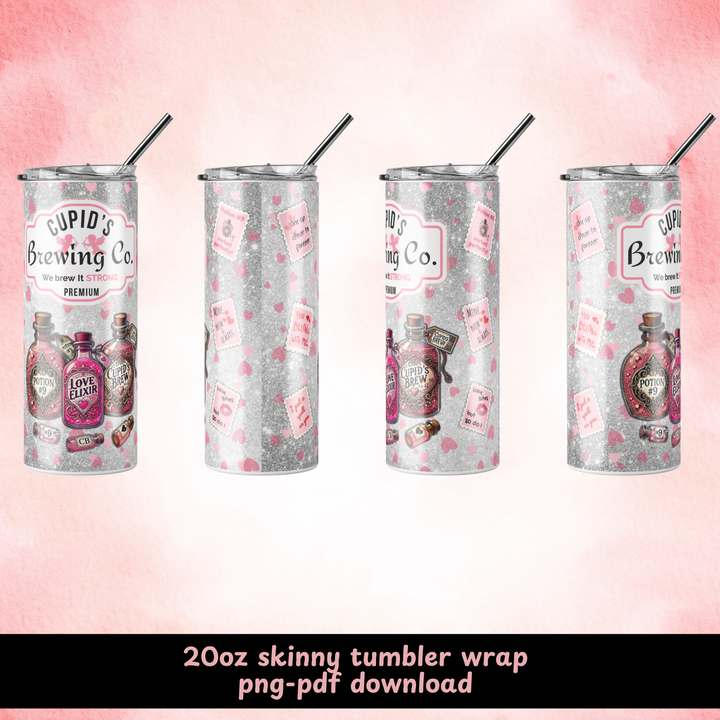 Mockup of Valentine’s Day-themed 20oz skinny tumbler wrap featuring Cupid’s Brewing Co. label, glittery background, potion bottles, and playful love-themed stamps displayed from multiple angles.