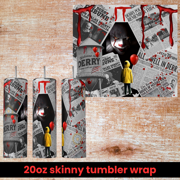 20oz skinny tumbler wrap featuring a spooky ‘IT’ theme with vintage newspaper clippings and ominous images of Pennywise the clown. The design includes red blood splatters and balloons, creating a chilling vibe perfect for horror-themed projects. Ideal for custom tumblers and sublimation. Available as PNG download.