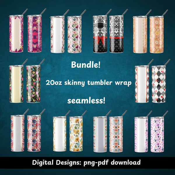 Bundle of 10 seamless 20oz skinny tumbler wrap designs for sublimation, featuring floral, damask, and geometric patterns.