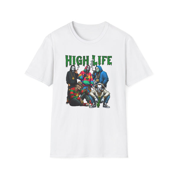 Print-On-Demand white t-shirt featuring a ‘High Life’ design with iconic characters styled in urban streetwear, holding symbolic elements, and surrounded by smoke effects. A bold and edgy statement piece perfect for fans of urban and alternative fashion.