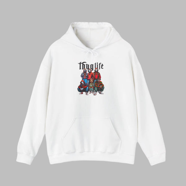 Print-On-Demand white hoodie featuring a ‘Thug Life’ design with iconic characters in bold streetwear styles, complete with sunglasses, hoodies, and urban vibes. Perfect for edgy and trendy apparel. A must-have for unique fashion statements.