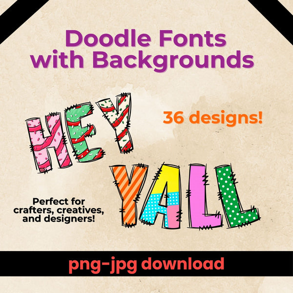 Digital bundle featuring 36 vibrant and creative doodle font designs with backgrounds. Perfect for crafters, creatives, and designers. PNG and JPG formats included!