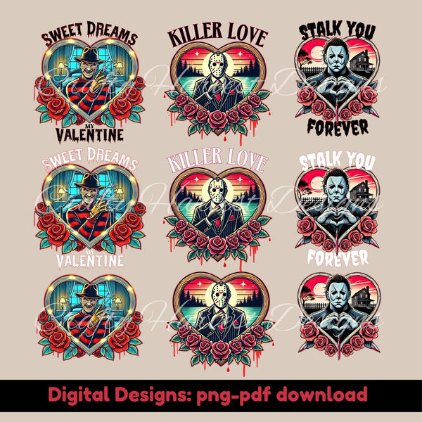 Valentines horror movie theme design overview. Features three designs; each design shows two font options and without font. PNG - PDF downloads.