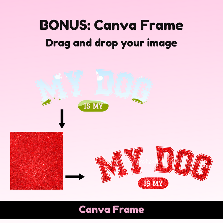 Graphic demonstrating the bonus Canva frame for the ‘My Dog Is My Valentine’ design. Shows an example of adding a red glitter texture to create a customized design.