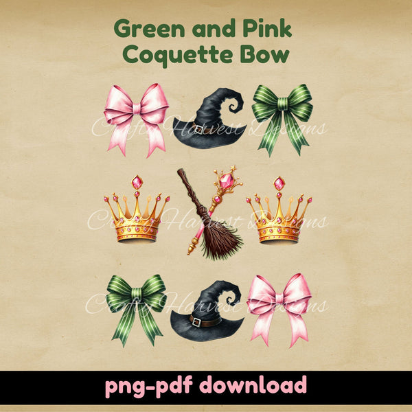 Digital design featuring green and pink Coquette bows, crowns, witch hats, and magic wands. Perfect for T-shirts, mugs, and creative projects. PNG and PDF formats included!