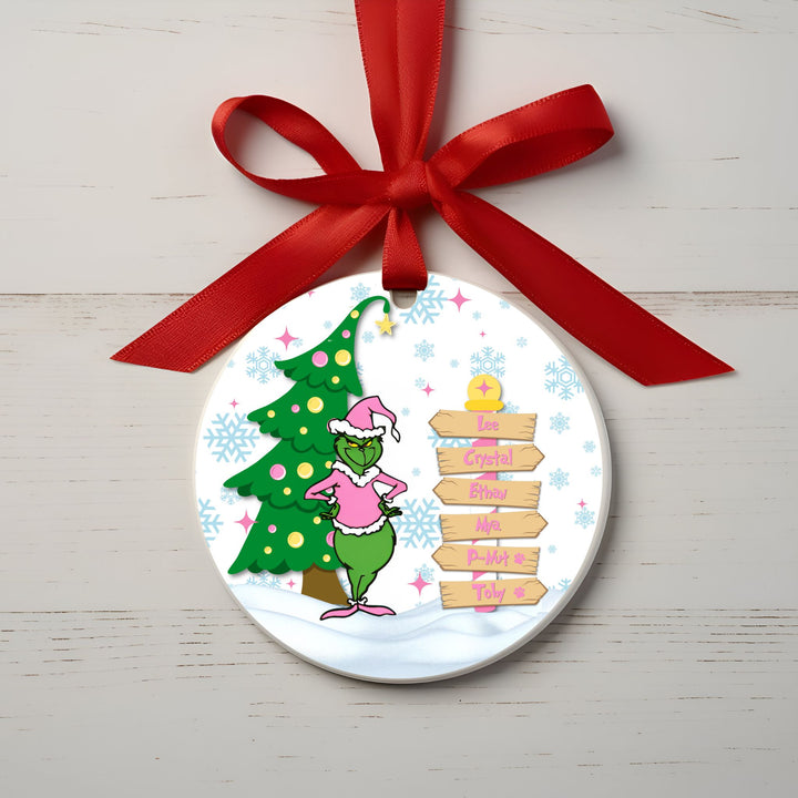 Customizable Round Family Ornaments featuring a festive Grinch design! Personalize up to 8 signs with 4 color options. Perfect for adding a whimsical touch to your holiday decor!