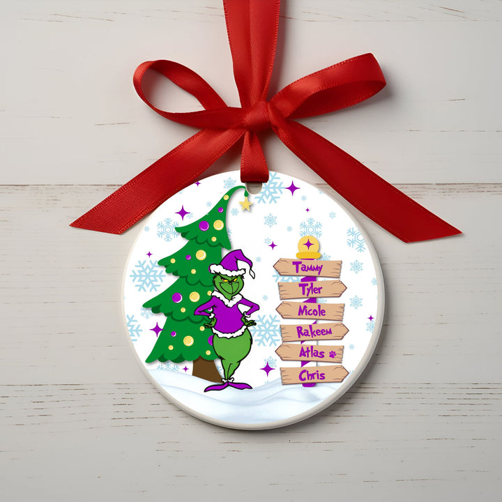 Customizable Round Family Ornaments featuring a festive Grinch design! Personalize up to 8 signs with 4 color options. Perfect for adding a whimsical touch to your holiday decor!