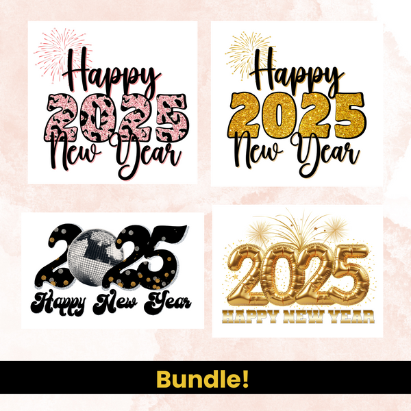 Festive New Year’s 2025 design bundle featuring four unique styles: pink leopard print, gold glitter, disco ball theme, and gold balloon numbers with fireworks. Each design includes the text ‘Happy 2025 New Year’ in elegant and bold fonts. Perfect for crafting, sublimation, and celebratory projects. Available as a bundle.