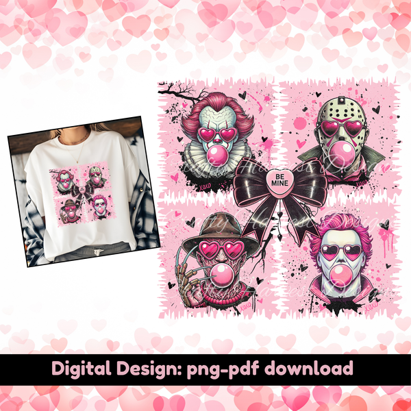 Horror Valentine digital design featuring four iconic characters with heart-shaped sunglasses and pink bubblegum, arranged on a pink background with hearts. Includes ‘Be Mine’ ribbon detail and preview of design on a sweatshirt.