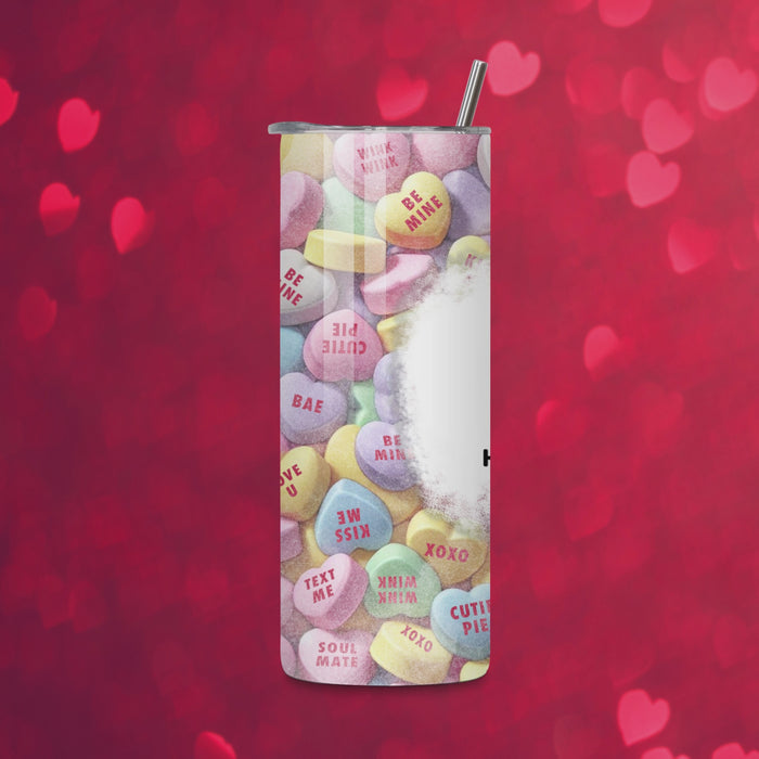 video: Valentine’s Day tumbler wrap featuring the text ‘You’re My Person’ with a red heart and ‘Hugs, Kisses, and Candy Wishes,’ set on a colorful candy heart background for 20oz skinny tumblers.