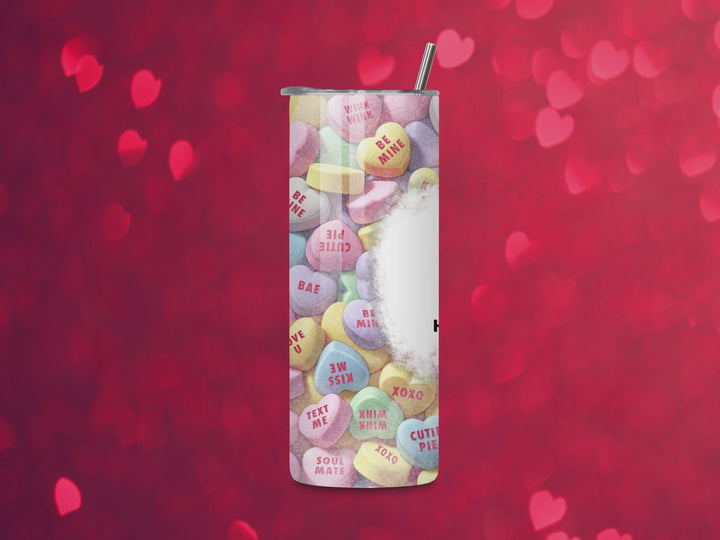 video: Valentine’s Day tumbler wrap featuring the text ‘You’re My Person’ with a red heart and ‘Hugs, Kisses, and Candy Wishes,’ set on a colorful candy heart background for 20oz skinny tumblers.