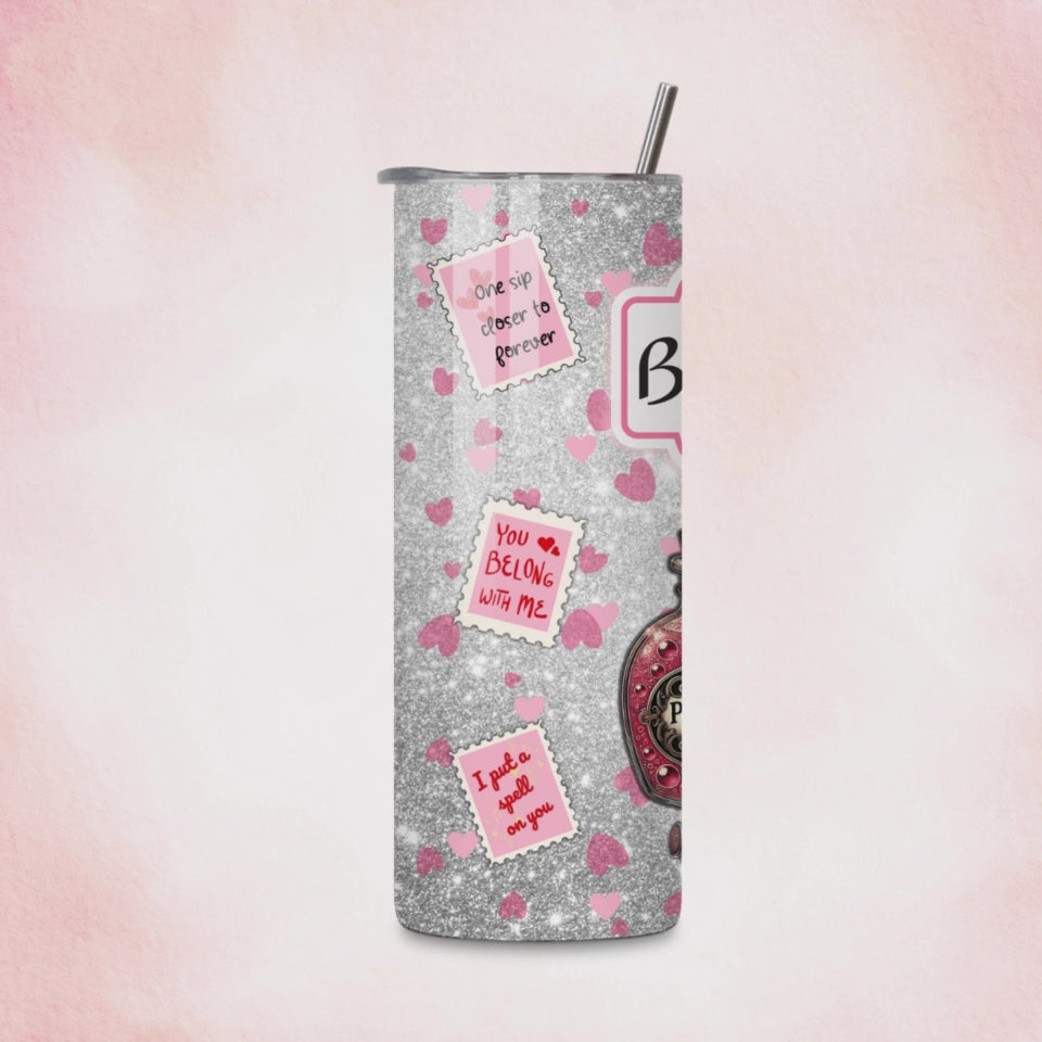 Rotating mockup of a Valentine’s Day-themed 20oz skinny tumbler wrap featuring Cupid’s Brewing Co. label, glittery background, potion bottles, and playful love-themed stamps.