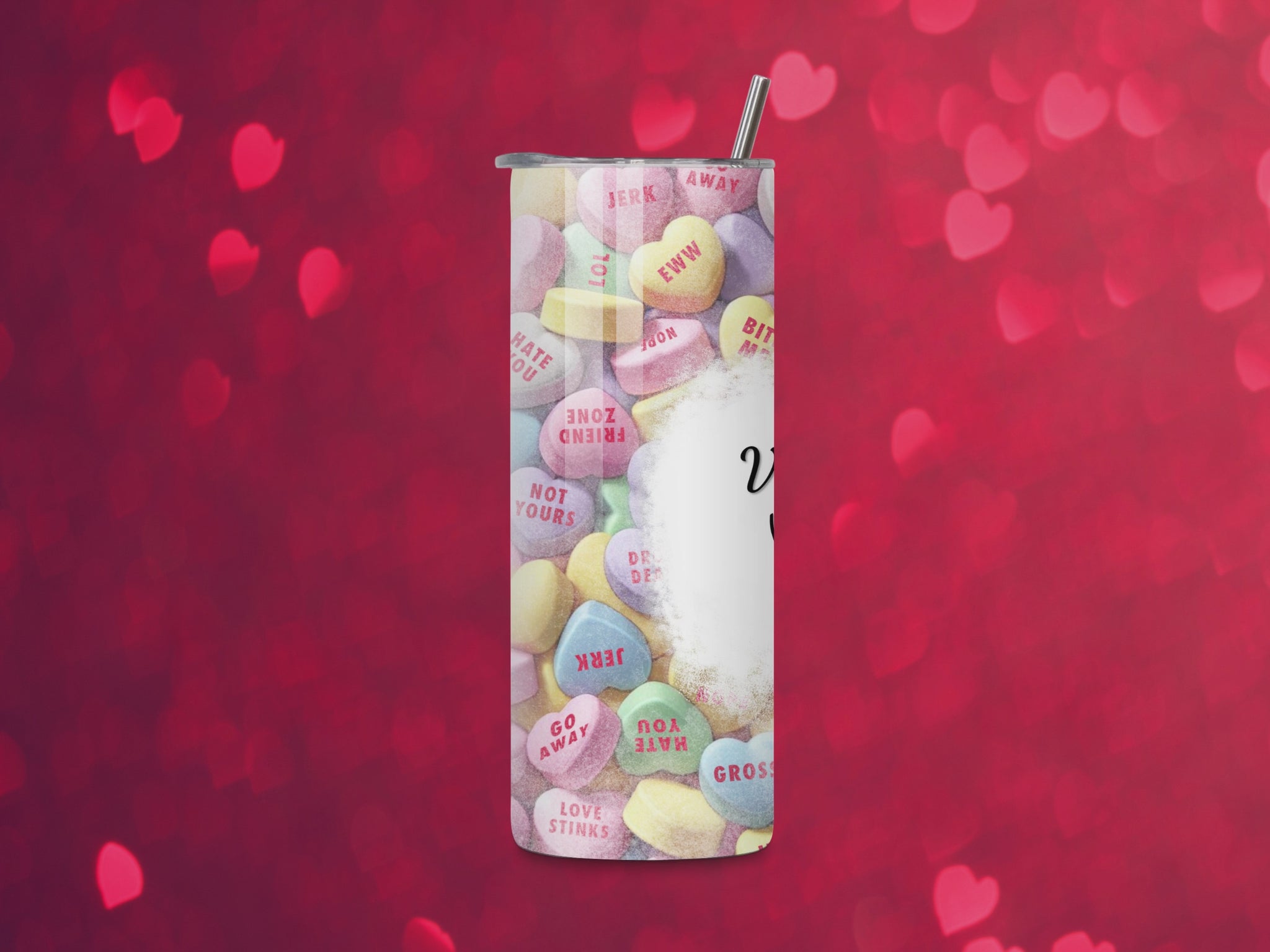 video 20oz skinny tumbler wrap featuring a sarcastic Valentine’s Day design with candy hearts and the text ‘Valentine’s Day Blah Blah Blah Drink.’ Includes a digital download in PNG and PDF formats.