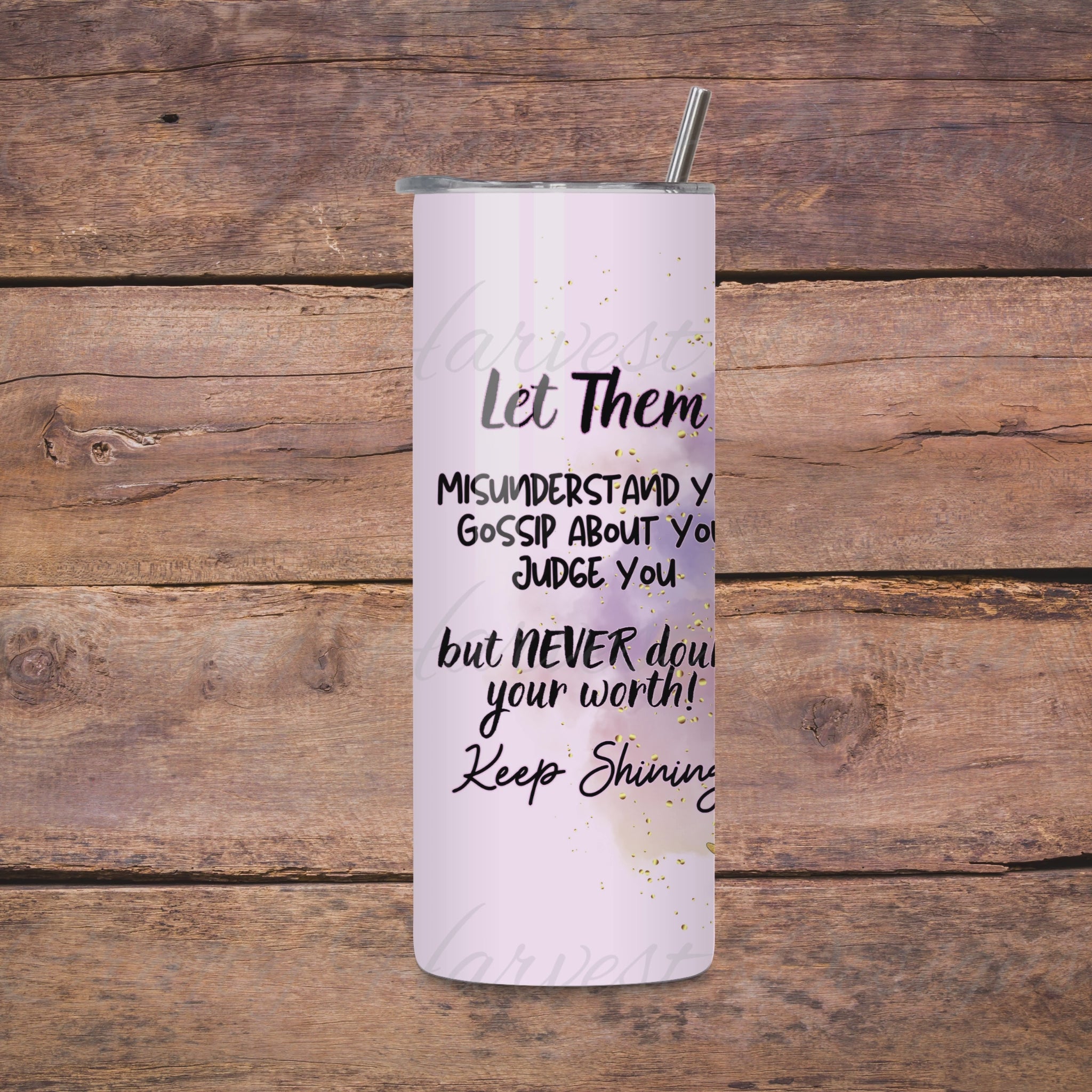 Rotating view of a 20oz skinny tumbler featuring the ‘Let Them’ Purple Floral Wrap design. The tumbler shows a stylish woman with purple flowers, butterflies, and an empowering quote about self-worth. The video highlights the full wrap design for sublimation crafting.