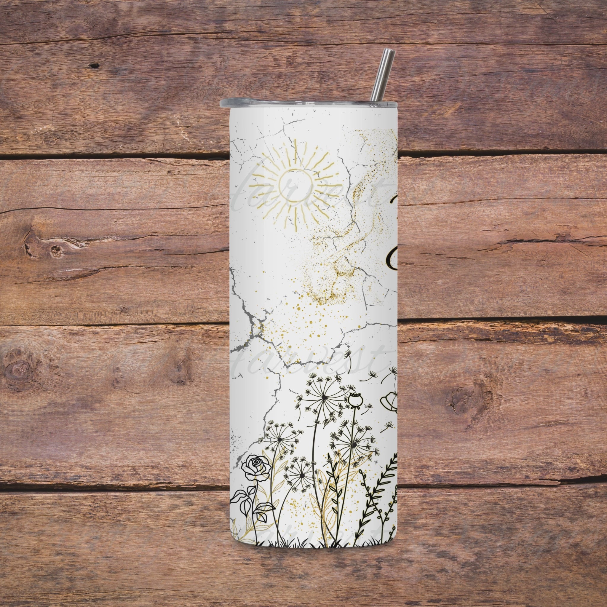 Video preview of a 20oz skinny tumbler wrap featuring a white background with a minimalist floral design in black and gold. The wrap showcases hand-drawn flowers, dandelions, a radiant sun, a glowing heart, and cracked textures, adding a unique and delicate charm to the tumbler.